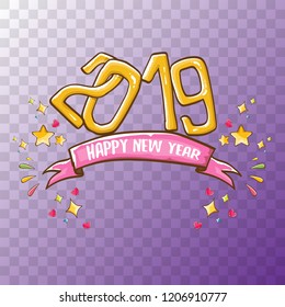 2019 Happy New Year poster or card design template. Vector happy new year greeting illustration with colored hand drawn 2019 numbers and stars isolated on transparent background