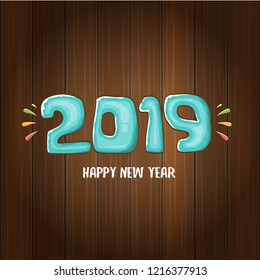 2019 Happy New Year poster or card design template. Vector happy new year greeting illustration with colored hand drawn 2019 numbers and stars isolated on wooden background