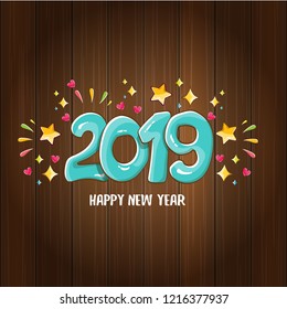 2019 Happy New Year poster or card design template. Vector happy new year greeting illustration with colored hand drawn 2019 numbers and stars isolated on wooden background