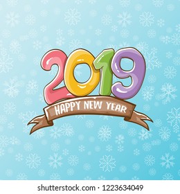 2019 Happy New Year poster or card design template. Vector happy new year greeting illustration with colored hand drawn 2019 numbers and stars isolated on blue background with snowflakes