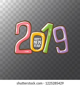 2019 Happy New Year poster or card design template. Vector happy new year greeting illustration with colored hand drawn 2019 numbers and stars isolated on transparent background