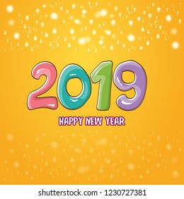 2019 Happy New Year poster or card design template. Vector happy new year greeting illustration with colored hand drawn 2019 numbers and stars isolated on orange background