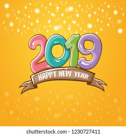 2019 Happy New Year poster or card design template. Vector happy new year greeting illustration with colored hand drawn 2019 numbers and stars isolated on orange background