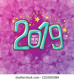 2019 Happy New Year poster or card design template. Vector happy new year greeting illustration with azure hand drawn 2019 numbers and stars on violet background with lights