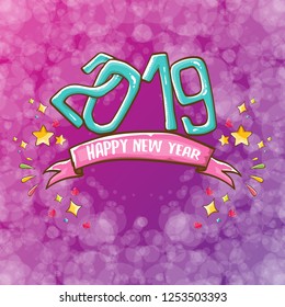2019 Happy New Year poster or card design template. Vector happy new year greeting illustration with azure hand drawn 2019 numbers and stars on violet background with lights