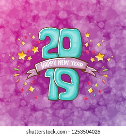 2019 Happy New Year poster or card design template. Vector happy new year greeting illustration with azure hand drawn 2019 numbers and stars on violet background with lights
