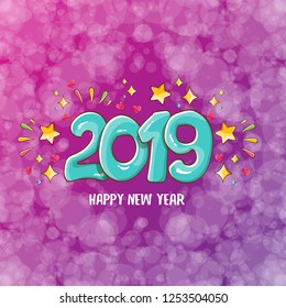 2019 Happy New Year poster or card design template. Vector happy new year greeting illustration with azure hand drawn 2019 numbers and stars on violet background with lights