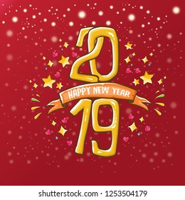 2019 Happy New Year poster or card design template. Vector happy new year greeting illustration with colored hand drawn 2019 numbers and stars on classic red background with falling snowflakes