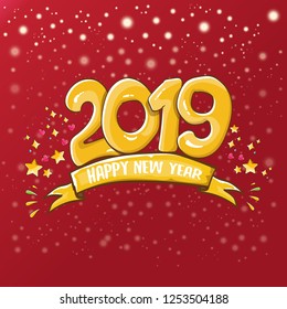 2019 Happy New Year poster or card design template. Vector happy new year greeting illustration with colored hand drawn 2019 numbers and stars on classic red background with falling snowflakes