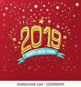 2019 Happy New Year poster or card design template. Vector happy new year greeting illustration with colored hand drawn 2019 numbers and stars on classic red background with falling snowflakes