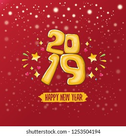 2019 Happy New Year poster or card design template. Vector happy new year greeting illustration with colored hand drawn 2019 numbers and stars on classic red background with falling snowflakes