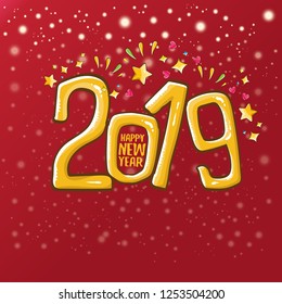 2019 Happy New Year poster or card design template. Vector happy new year greeting illustration with colored hand drawn 2019 numbers and stars on classic red background with falling snowflakes