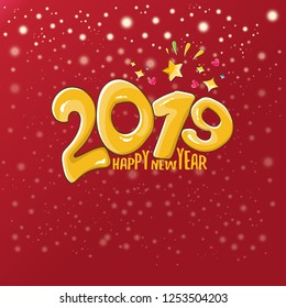 2019 Happy New Year poster or card design template. Vector happy new year greeting illustration with colored hand drawn 2019 numbers and stars on classic red background with falling snowflakes