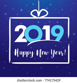 2019 Happy New Year, present greeting card. Vector 2019 Happy New Year background with number and christmas gift element