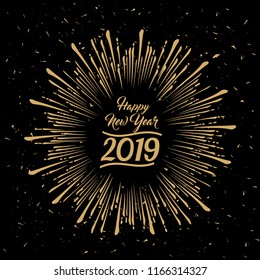 2019 Happy New Year radiating grungy star burst gold design on black background with an effect of dust and scratches in vector style