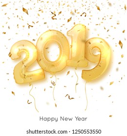 2019 Happy New Year. Realistic gold number balloons for festive poster or banner design. Vector illustration