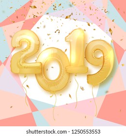 2019 Happy New Year. Realistic gold number balloons for festive poster or banner design. Vector illustration