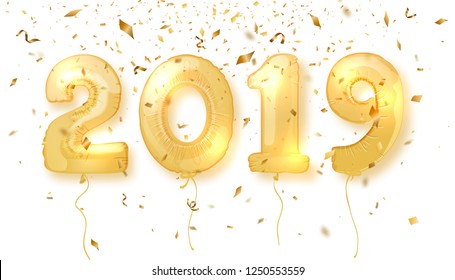 2019 Happy New Year. Realistic gold number balloons for festive poster or banner design. Vector illustration