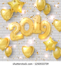 2019 Happy New Year. Realistic gold number balloons for festive poster or banner design. Vector illustration