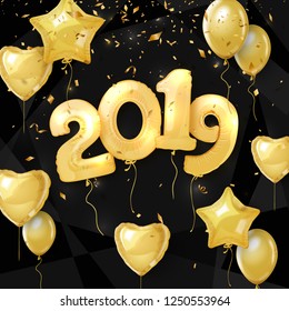 2019 Happy New Year. Realistic gold number balloons for festive poster or banner design. Vector illustration
