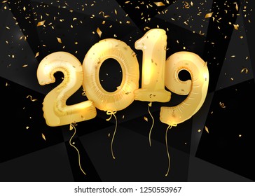 2019 Feliz Año Nuevo. Globos reales de oro para diseño festivo de afiches o pancartas. Ilustración del vector