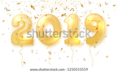 2019 Happy New Year. Realistic gold number balloons for festive poster or banner design. Vector illustration