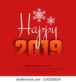 2019 Happy New Year red greeting background. Paper text design. Vector illustration with numbers and snowflake