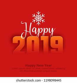 2019 Happy New Year red greeting background. Paper text design. Vector illustration with numbers and snowflake