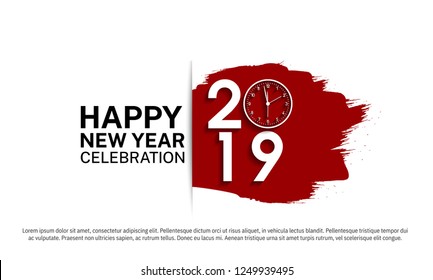 2019. Happy new year red brush and clock for gretting card