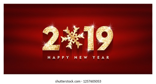 2019 Happy new year. scintillant Gold Numbers Design of greeting card. Bright Background. Vector illustration