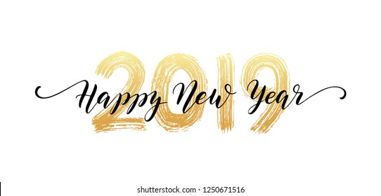 2019 Happy New Year script text hand lettering. Design template Celebration typography poster, banner or greeting card for Merry Christmas and happy new year. Vector Illustration