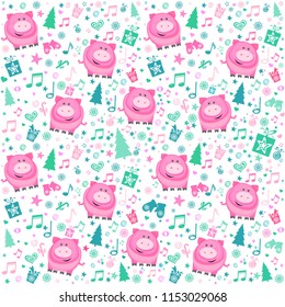 2019 Happy New Year! Seamless colorful pattern. Merry Christmas. Seamless pattern wallpaper of gift box, musical notes, snowflake, stars. Background with Pig. Symbol of 2019 year. Vector Illustration