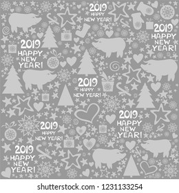 2019 Happy New Year! Seamless silver pattern. Merry Christmas. Seamless pattern wallpaper of gift box, Christmas tree, ball, snowflake, stars. Background with Pig. Symbol of 2019 year. Vector