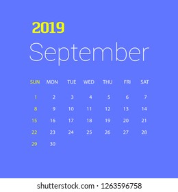 2019 Happy New year September Calendar Template. Christmas Background