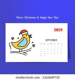 2019 Happy New year September Calendar Template. Christmas Background