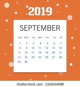2019 Happy New year September Calendar Template. Christmas Background