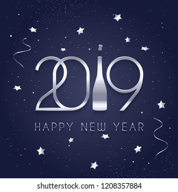 2019 Happy New Year, silver numbers and bottle of Champagne, stars and streamers on blue background. Vector.