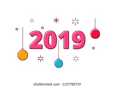 2019 Happy new year simple and minimalistic postcard, white background. Vector illustration Isolated flat design, outline. Modern concept of a thin contour line. Billet for banner, poster, postcard.