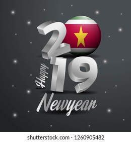 2019 Happy New Year Suriname Flag Typography. Abstract Celebration background