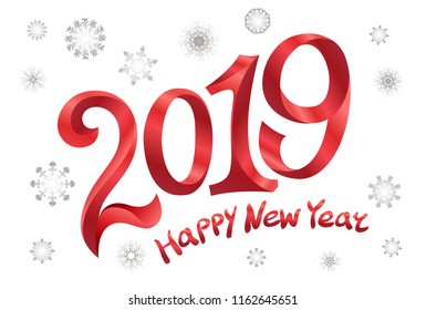 2019 Happy New Year. tape Red number on white background. snowflakes Vector illustration art