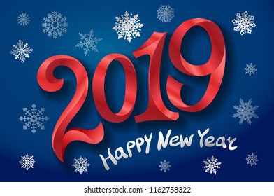 2019 Happy New Year. tape Red number on blue background. snowflakes Vector illustration art