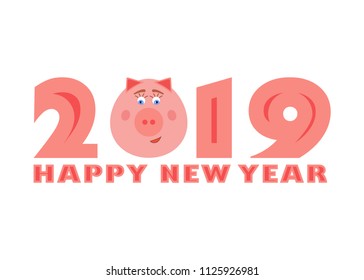2019 Happy New Year text with funny pig. Chinese symbol of the year. Design element for greeting card, calendar or brochure. Isolated on white background. Vector illustration.