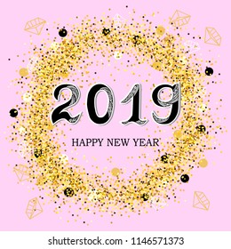 2019 Happy New Year text. 2019 celebration text on pink background with golden confetti frame.  Vector illustration isolated on background. Postcard motive.