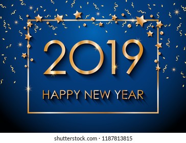 2019 Happy New Year text for greeting card, with gold glitter stars and confetti, calendar, invitation. Vector illustration.