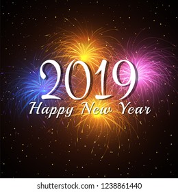 2019 Happy New Year text on bursting firework background. Can be used as greeting card design.