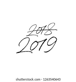 2019 Happy New Year text isolated on white background, 2018 corrected in 2019, hand painted letter, vector christmas lettering for holiday card, social blog, banner, print, handwritten calligraphy