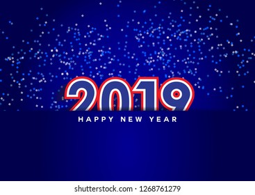 2019 Happy New Year text design. Vector greeting card with dark blue background. Illustrations. Template design.