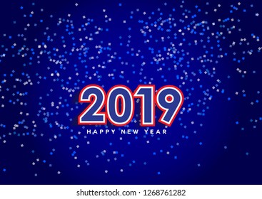 2019 Happy New Year text design. Vector greeting card with dark blue background. Illustrations. Template design.