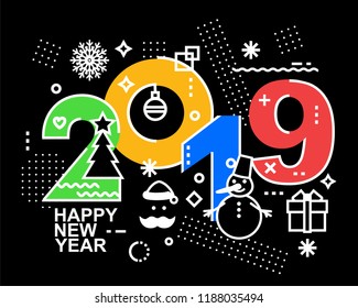 2019 Happy New Year trendy and minimalistic card or background.
Modern Thin Contour Line Design Concept. Flat, outline.
Isolated on white background.