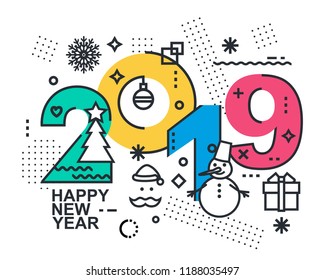 2019 Happy New Year trendy and minimalistic card or background.
Modern Thin Contour Line Design Concept. Flat, outline.
Isolated on white background.